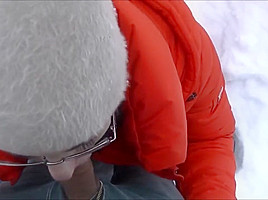 She swallows thick load in winter wonderland