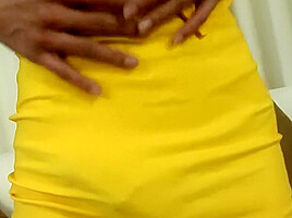 Skinny Ladyboy in Yellow Dress Strokes her Fat Co