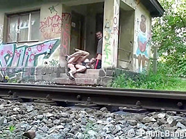 Slutty blonde babe is getting fucked hard in the ruins, in the middle of the day