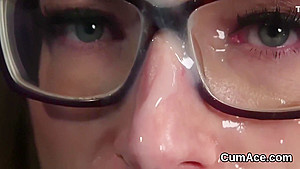 Spicy beauty gets jizz load on her face sucking all the jism