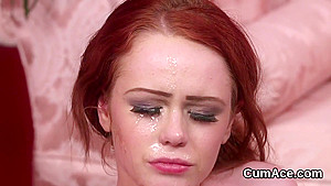 Spicy beauty gets jizz load on her face sucking all the jism