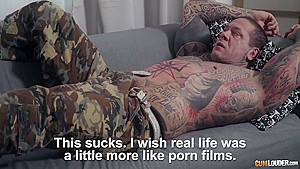 Tattooed guy was dreaming of Katrina who came to his place to suck his cock