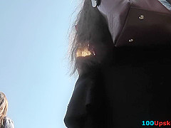 Upskirts demonstrated by young lady with athletic body
