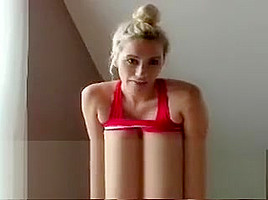 Voluptuous blonde Angela uses her big boobs