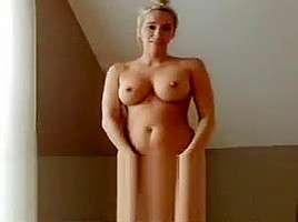 Voluptuous blonde Angela uses her big boobs