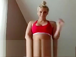 Voluptuous blonde Angela uses her big boobs