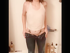 Wets Herself, Gets Pissed All Over, And Her Piss Covered Self As She Strips!