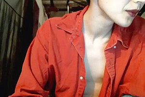 sleazy young oriental ladyboy In Open Red Shirt Cums Intensely