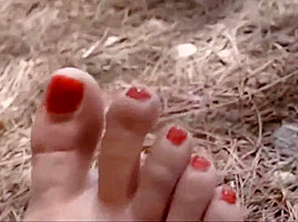 stinky college girl feet with dirty soles in the woods with sandals